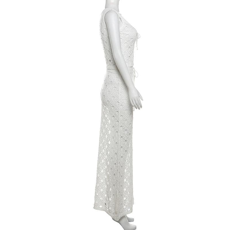 White Crochet Knit Maxi Skirt Set - Effortless Resort Wear Tank & Skirt for Your Next Getaway