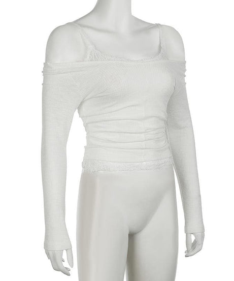 Effortless Fall Chic: Layered Off-Shoulder Ruched Top with Delicate Lace Trim