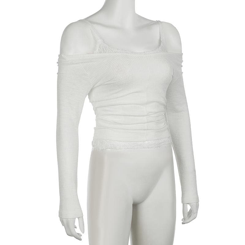 Effortless Fall Chic: Layered Off-Shoulder Ruched Top with Delicate Lace Trim