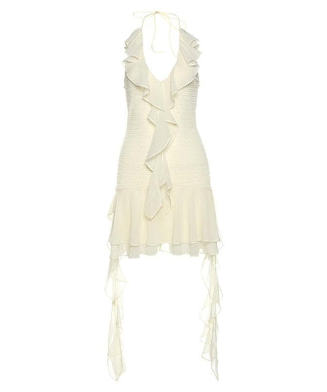 Effortless Elegance: White Ruffle Halter Mini Dress for Fall Parties & Getaways