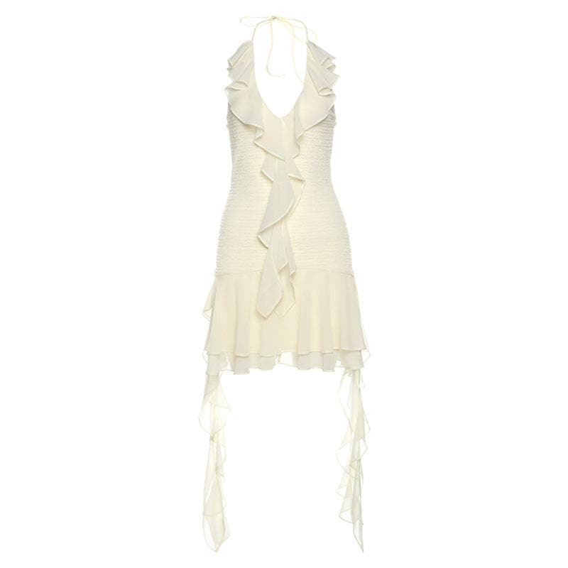 Effortless Elegance: White Ruffle Halter Mini Dress for Fall Parties & Getaways