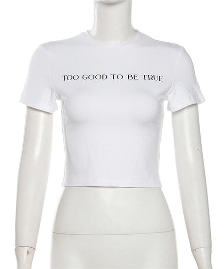 Too Good To Be True White Graphic Crop Top - Trendy Fitted Tee for Effortless Fall Style