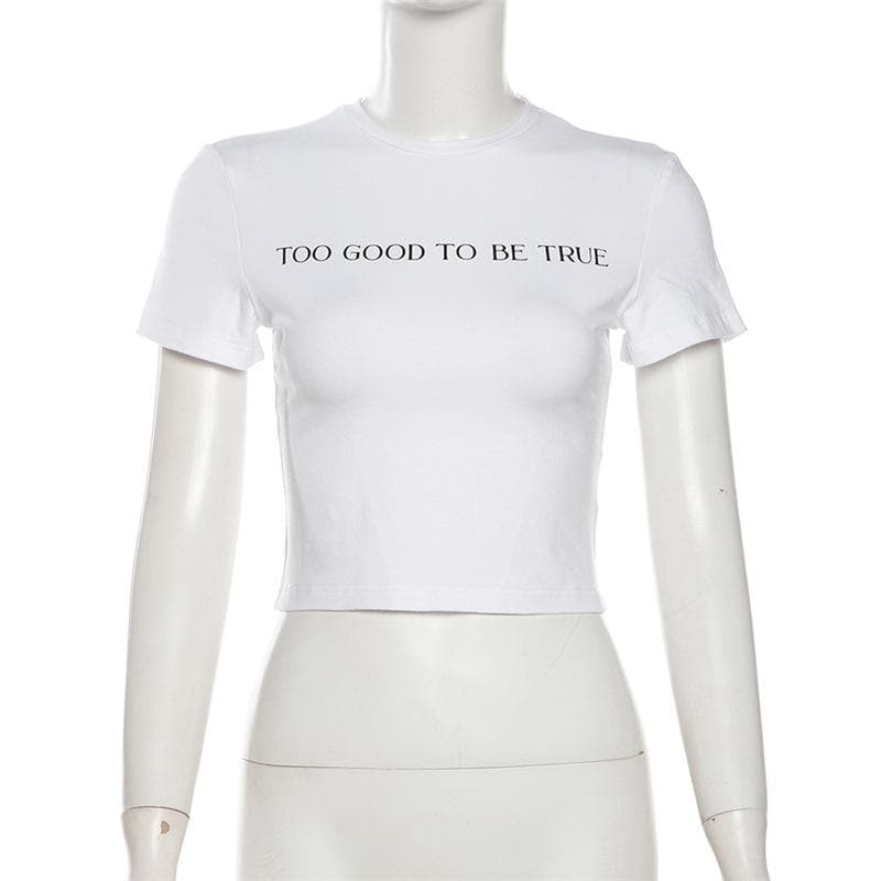 Too Good To Be True White Graphic Crop Top - Trendy Fitted Tee for Effortless Fall Style