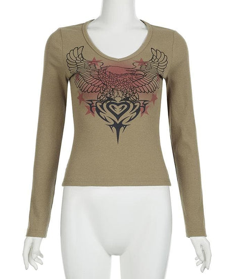 Y2K Grunge Eagle & Tribal Graphic Ribbed V-Neck Long Sleeve Top - Fall Fashion 2025