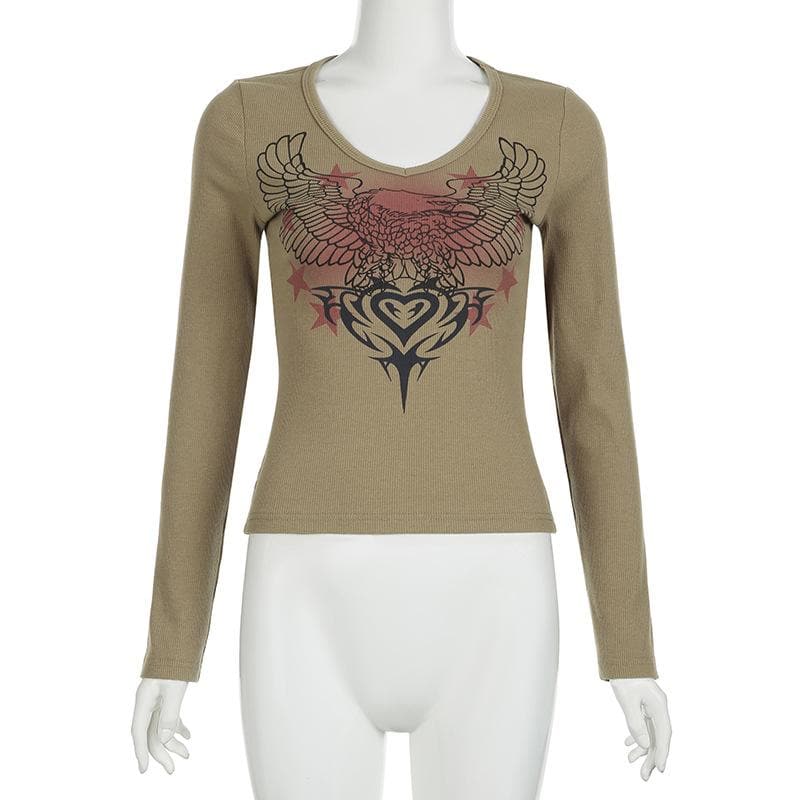 Y2K Grunge Eagle & Tribal Graphic Ribbed V-Neck Long Sleeve Top - Fall Fashion 2025