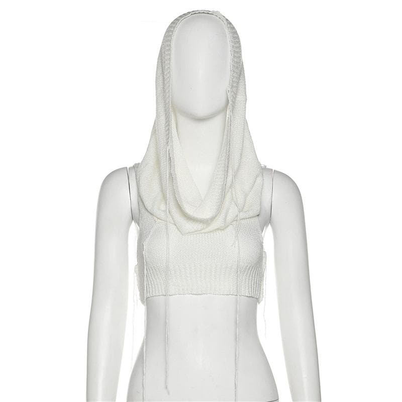 Edgy Knit Sleeveless Hooded Crop Top for Fall – Chic Streetwear Essential