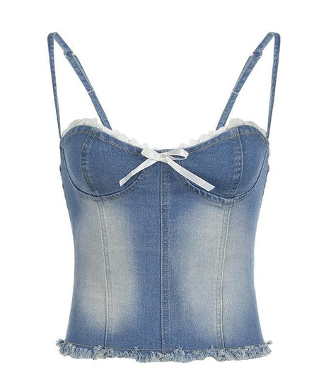Y2K Coquette Denim Bustier Cami Top with Dainty Lace & Bow - Fall Ready Frayed Hem