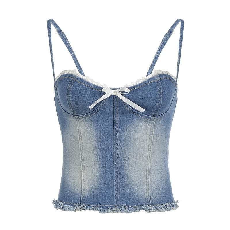 Y2K Coquette Denim Bustier Cami Top with Dainty Lace & Bow - Fall Ready Frayed Hem