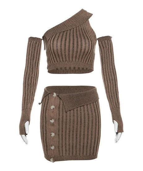 Fall's Must-Have: Chic Chocolate Ribbed Knit Asymmetrical Crop Top & Mini Skirt Set with Arm Warmers