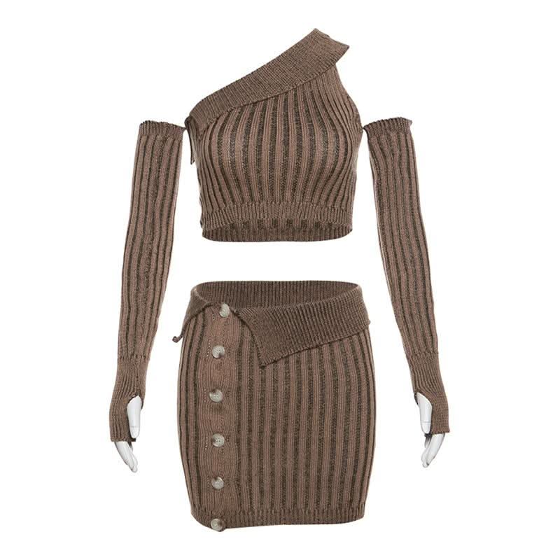 Fall's Must-Have: Chic Chocolate Ribbed Knit Asymmetrical Crop Top & Mini Skirt Set with Arm Warmers