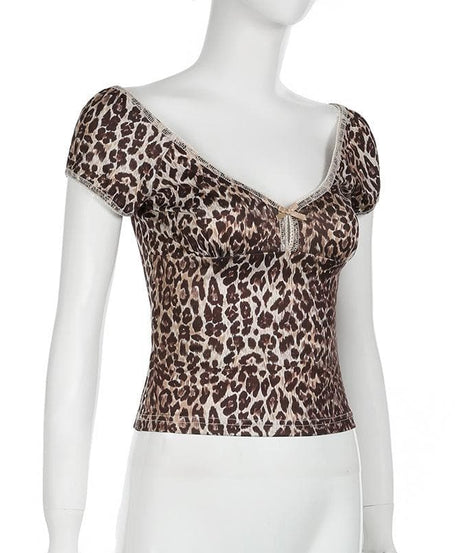 Spotted & Styled: Y2K Leopard Print Puff Sleeve Bowknot Top - Fall's Must-Have