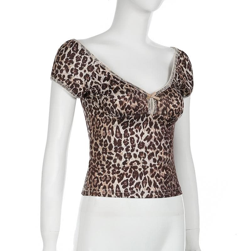Spotted & Styled: Y2K Leopard Print Puff Sleeve Bowknot Top - Fall's Must-Have