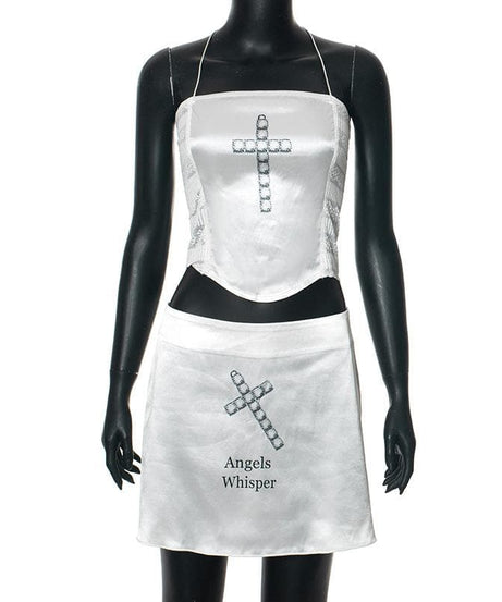 Angels Whisper Y2K Ethereal Halter Crop Top & Mini Skirt Set - Perfect for Fall Parties & Halloween