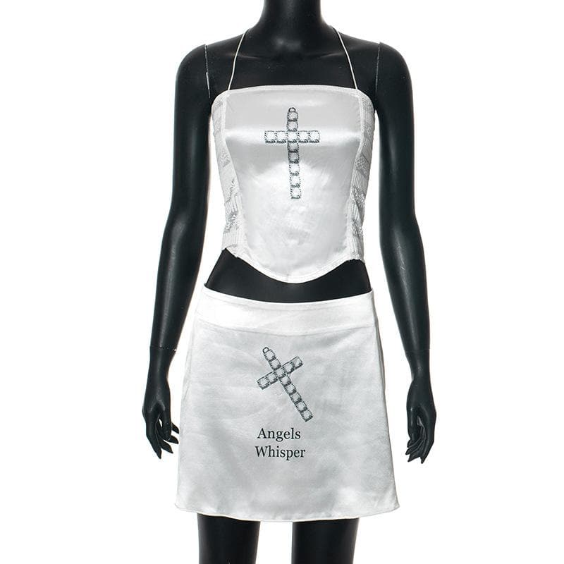Angels Whisper Y2K Ethereal Halter Crop Top & Mini Skirt Set - Perfect for Fall Parties & Halloween