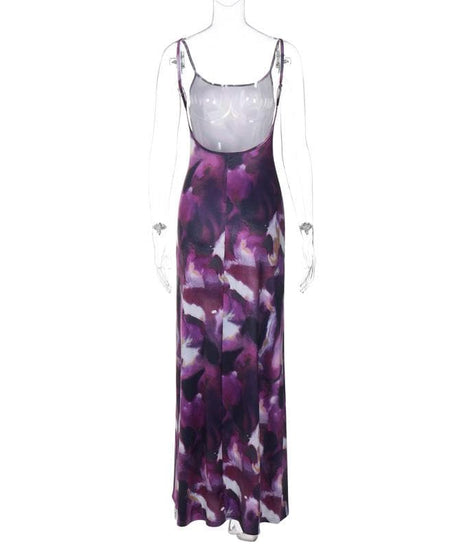 Elegant Amethyst Watercolor Maxi Dress - Square Neck Backless Slip for Fall/Holiday Season