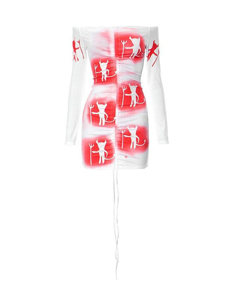 Wicked Temptress Off-Shoulder Ruched Mini Dress - Edgy Devil Print for Halloween & Beyond