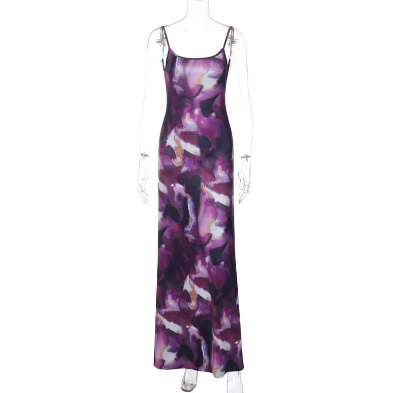 Elegant Amethyst Watercolor Maxi Dress - Square Neck Backless Slip for Fall/Holiday Season