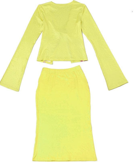 Lime Green Glow-Up: O-Ring Long Sleeve Midi Skirt Set – Your Fall & Holiday Statement Piece