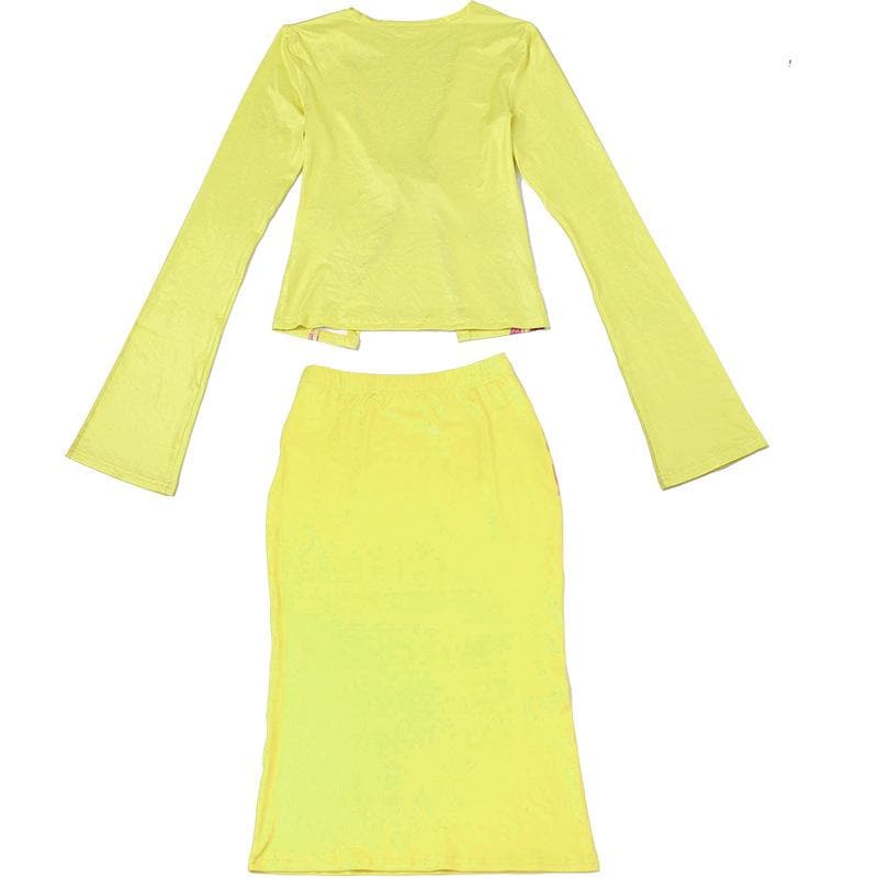 Lime Green Glow-Up: O-Ring Long Sleeve Midi Skirt Set – Your Fall & Holiday Statement Piece