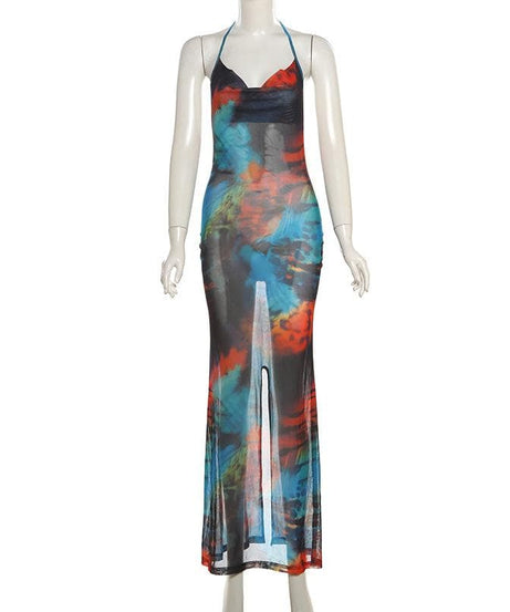 Vibrant Tie-Dye Mesh Maxi Dress – Cowl Neck Halter Backless for Fall Events & Escapes