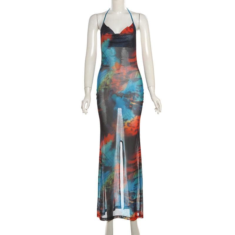 Vibrant Tie-Dye Mesh Maxi Dress – Cowl Neck Halter Backless for Fall Events & Escapes