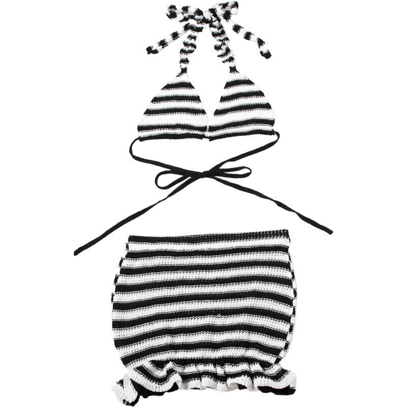 Fall Getaway Chic: Striped Knit Halter Top & Ruffle Mini Skirt Set