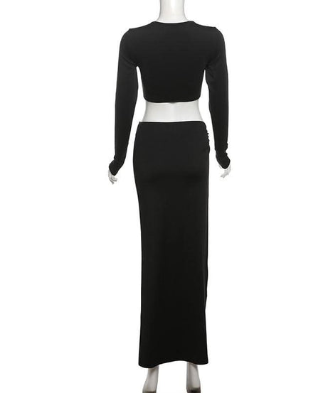 Fall/Holiday Glam: Chic Black Long Sleeve Crop Top & High-Slit Maxi Skirt Two-Piece Set