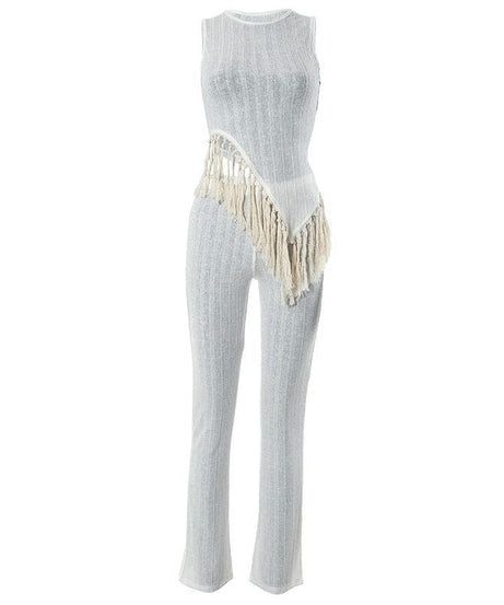 Fall Ready: Effortlessly Chic Asymmetrical Fringe Knit Jumpsuit for Women