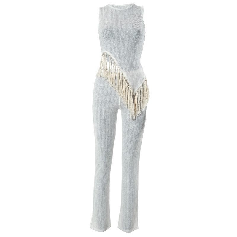 Fall Ready: Effortlessly Chic Asymmetrical Fringe Knit Jumpsuit for Women