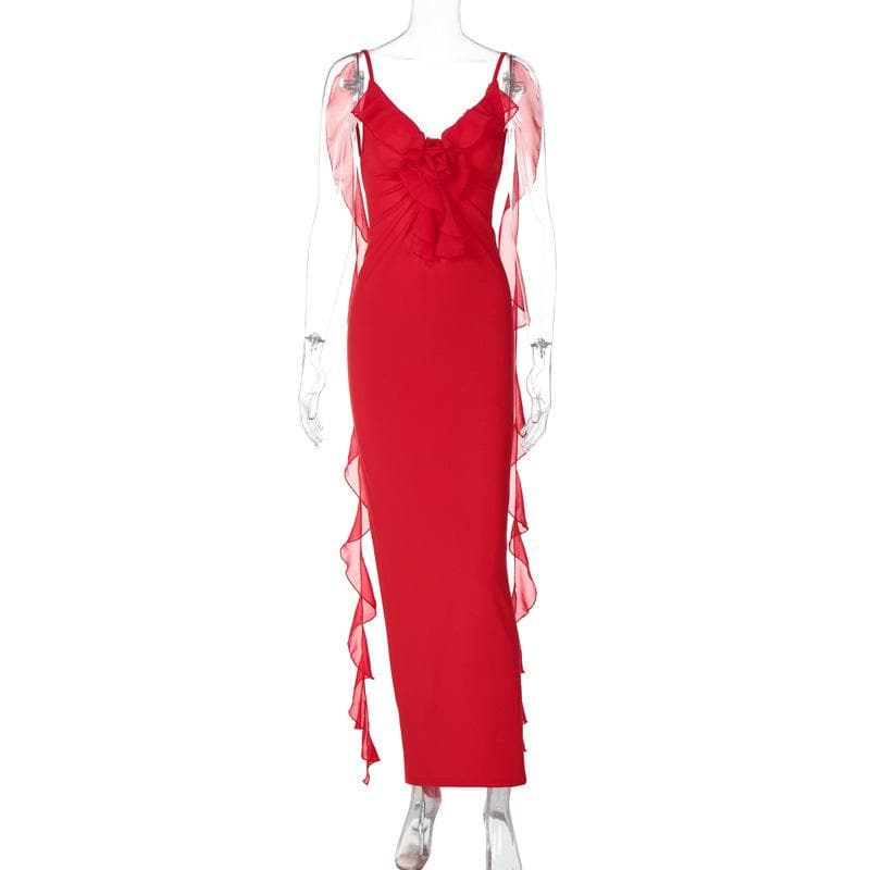 Siren Red Backless Ruffle Maxi Dress - Holiday Gala & Fall Elegance