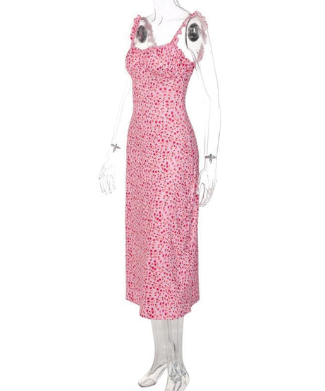 Vibrant Pink Floral Ruched Midi Dress with Ruffle Straps - Chic & Backless for Fall