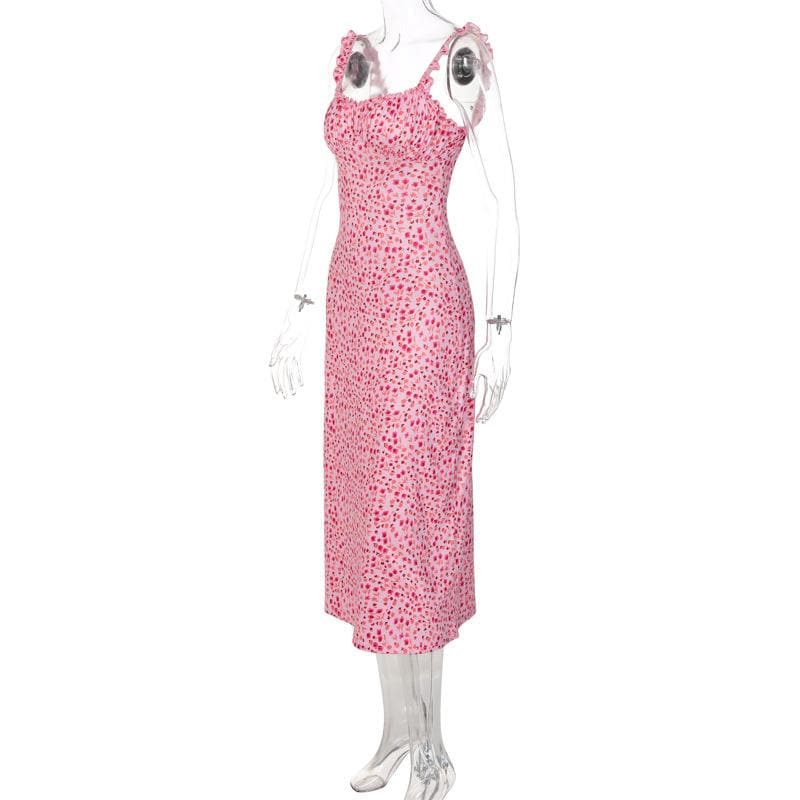 Vibrant Pink Floral Ruched Midi Dress with Ruffle Straps - Chic & Backless for Fall