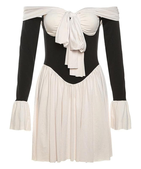 The 'Glamour Bow' Off-Shoulder Mini Dress | Chic Contrast Fall & Holiday Party Essential