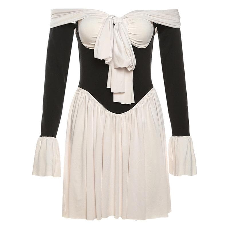 The 'Glamour Bow' Off-Shoulder Mini Dress | Chic Contrast Fall & Holiday Party Essential