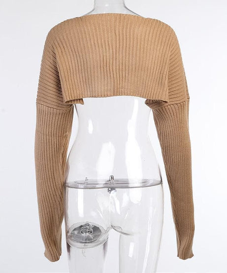 Effortless Fall Chic: Women's Camel Ribbed Knit Cropped Shrug Top