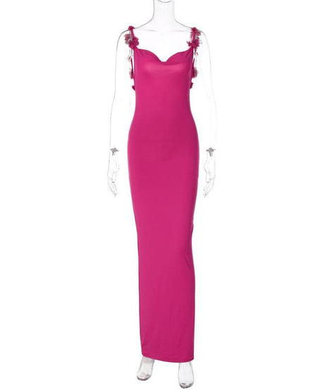 Elegant Magenta Backless Maxi Dress with Delicate Floral Applique Straps - Fall & Holiday Ready