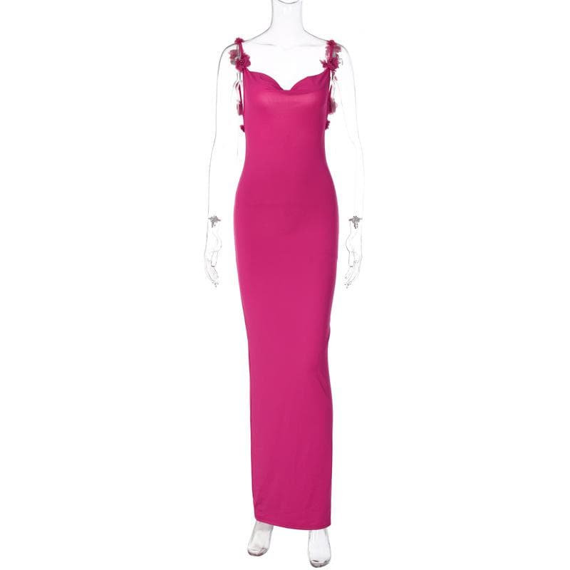 Elegant Magenta Backless Maxi Dress with Delicate Floral Applique Straps - Fall & Holiday Ready