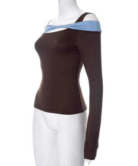 Effortless Chic Asymmetric Off-Shoulder Long Sleeve Top - Trendy Fall Contrast Panel