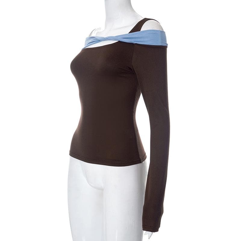 Effortless Chic Asymmetric Off-Shoulder Long Sleeve Top - Trendy Fall Contrast Panel