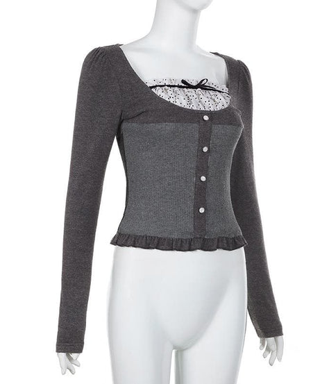 Autumn Chic Y2K Ribbed Ruffle Patchwork Long Sleeve Top