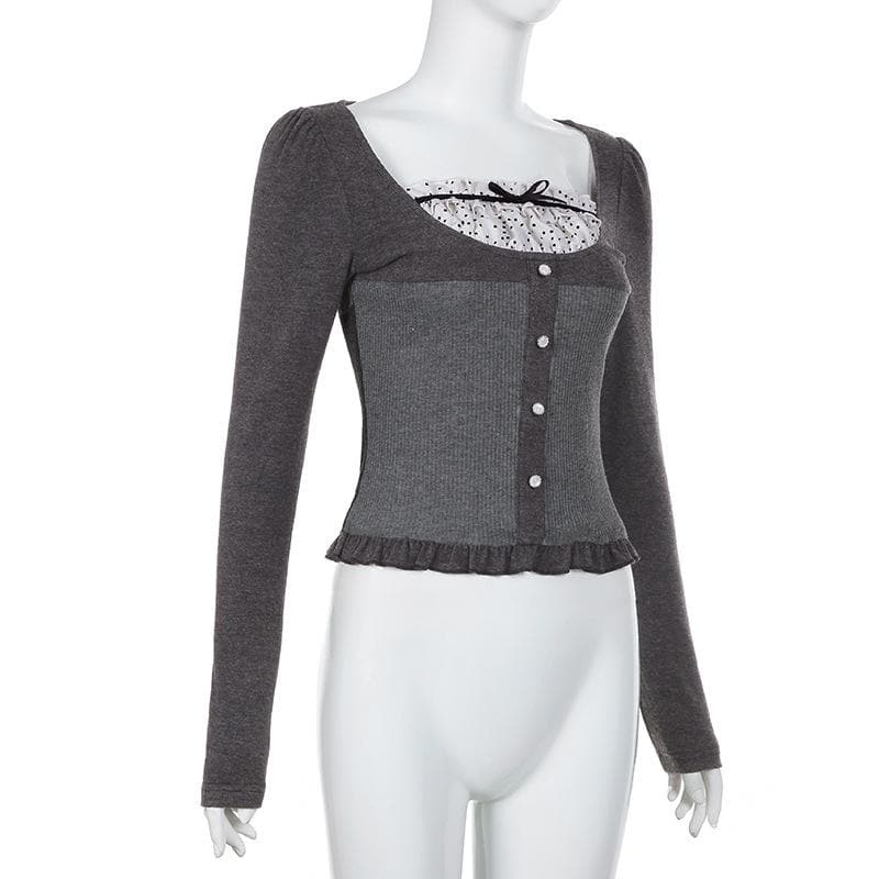 Autumn Chic Y2K Ribbed Ruffle Patchwork Long Sleeve Top