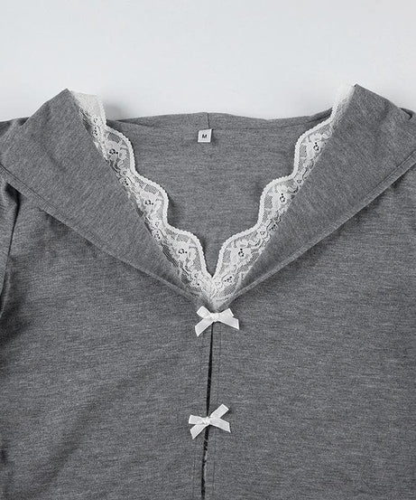 Fall Coquette Bow-Front Hooded Crop Top - Y2K Lace-Trim Long Sleeve for Women