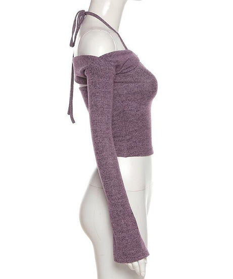 Effortless Fall Style: Halter Off-Shoulder Knit Top | Layered Look Bell Sleeve Sweater