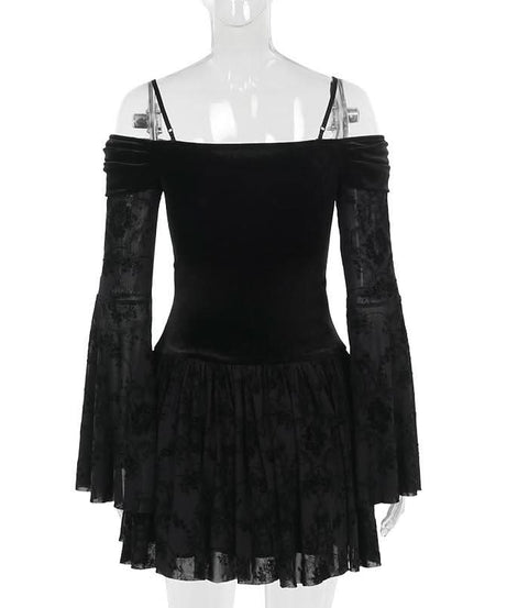 Slay the Night: Gothic Velvet Off-Shoulder Mini Dress - Dramatic Flared Sleeves for Halloween & Fall Parties