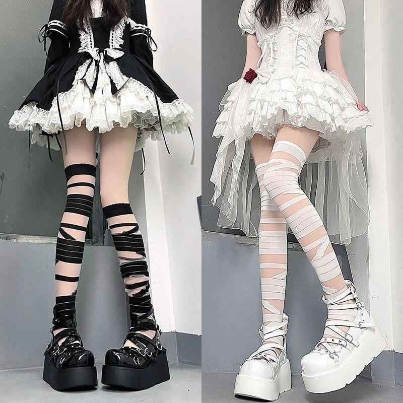 Spooky Season Essential: Gothic Bandage Thigh High Socks – Perfect for Halloween Costumes & Edgy Alt Fashion