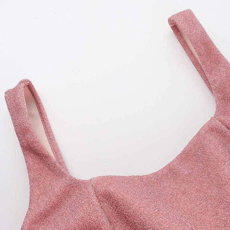 Glam Pink Shimmer Mini Dress - Square Neck A-Line for Fall & Holiday Parties