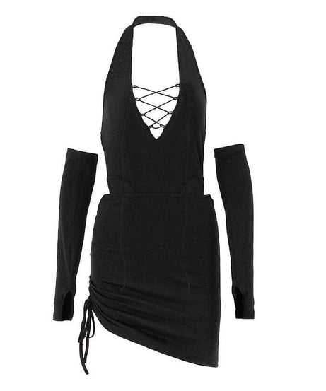 Siren Black Halter Lace-Up Cut-Out Mini Dress with Statement Sleeves - Fall Party & Clubwear Essential