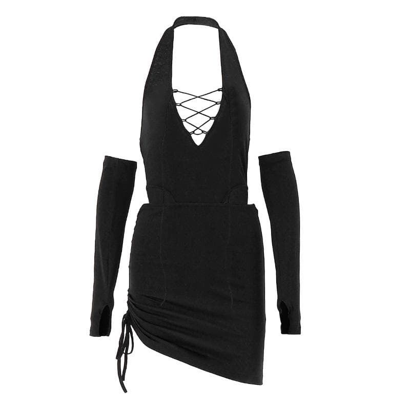 Siren Black Halter Lace-Up Cut-Out Mini Dress with Statement Sleeves - Fall Party & Clubwear Essential