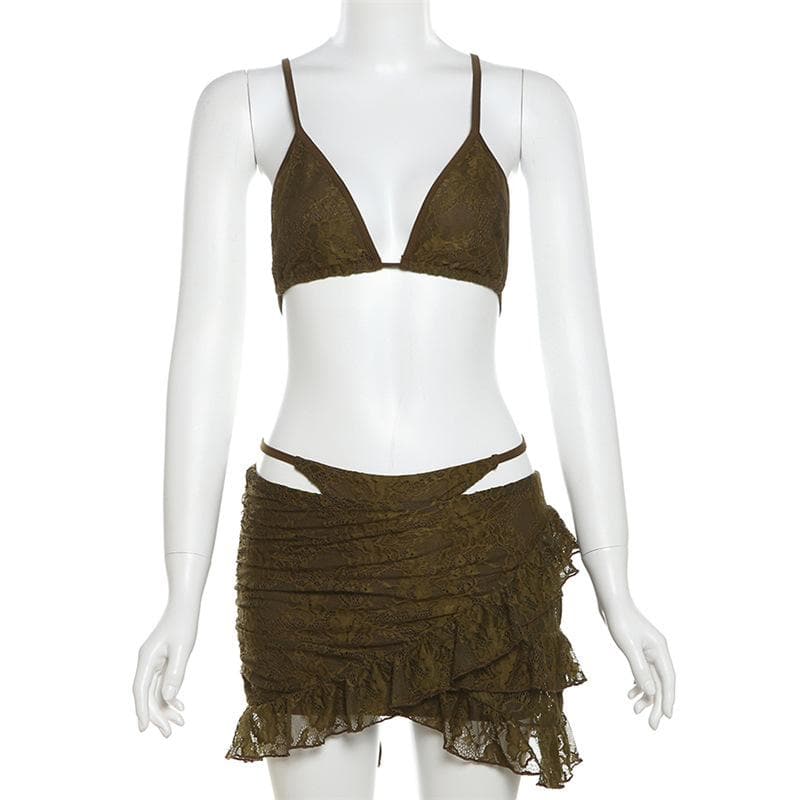 Sultry Chocolate Lace Halter Top & Cutout Mini Skirt Set - Edgy Y2K Party & Halloween Vibe