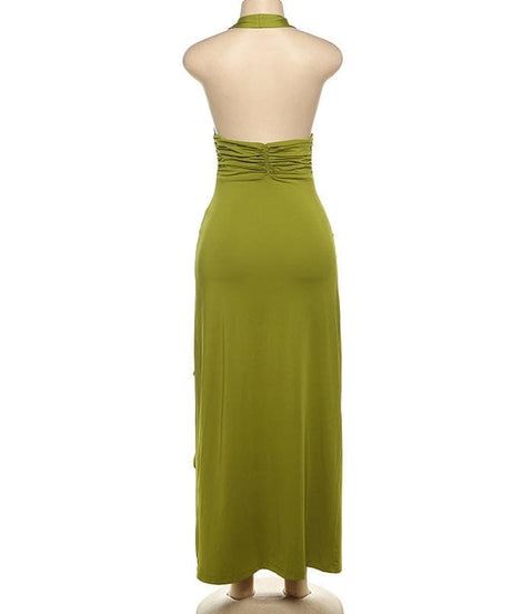 Enchanting Olive Green Halter Maxi Dress with Ruffled High Slits & Rose Applique - Your Fall Event Statement